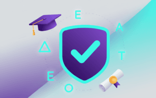 Bouclier verifie E-E-A-T avec toque diplome et seau or, palette violet et cyan