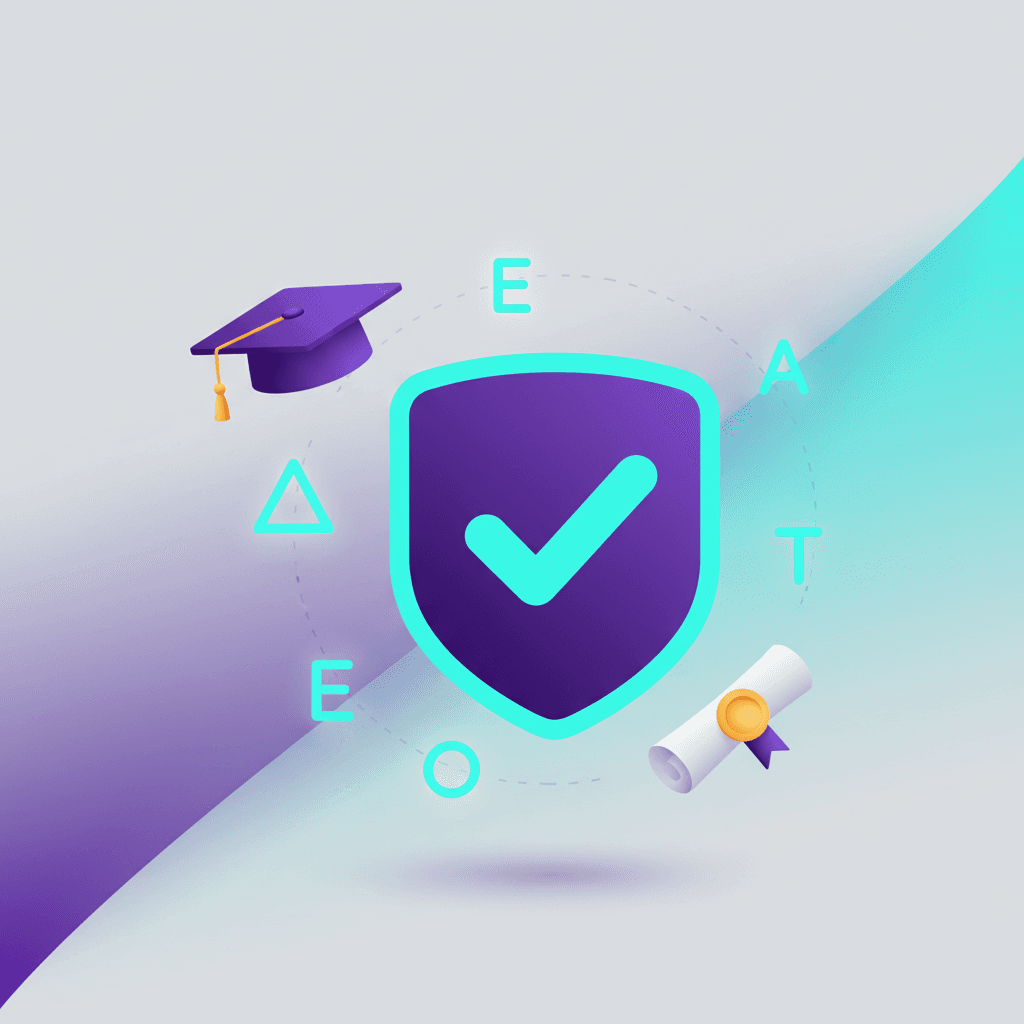 Bouclier verifie E-E-A-T avec toque diplome et seau or, palette violet et cyan