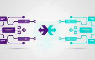 Comparatif Make.com (violet) vs n8n (cyan) — workflow automation noeuds connectes