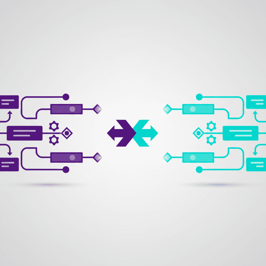 Comparatif Make.com (violet) vs n8n (cyan) — workflow automation noeuds connectes