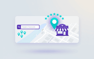 Interface Google Maps avec pin sur PME locale, etoiles 5/5 et recherche locale (palette violet et cyan)