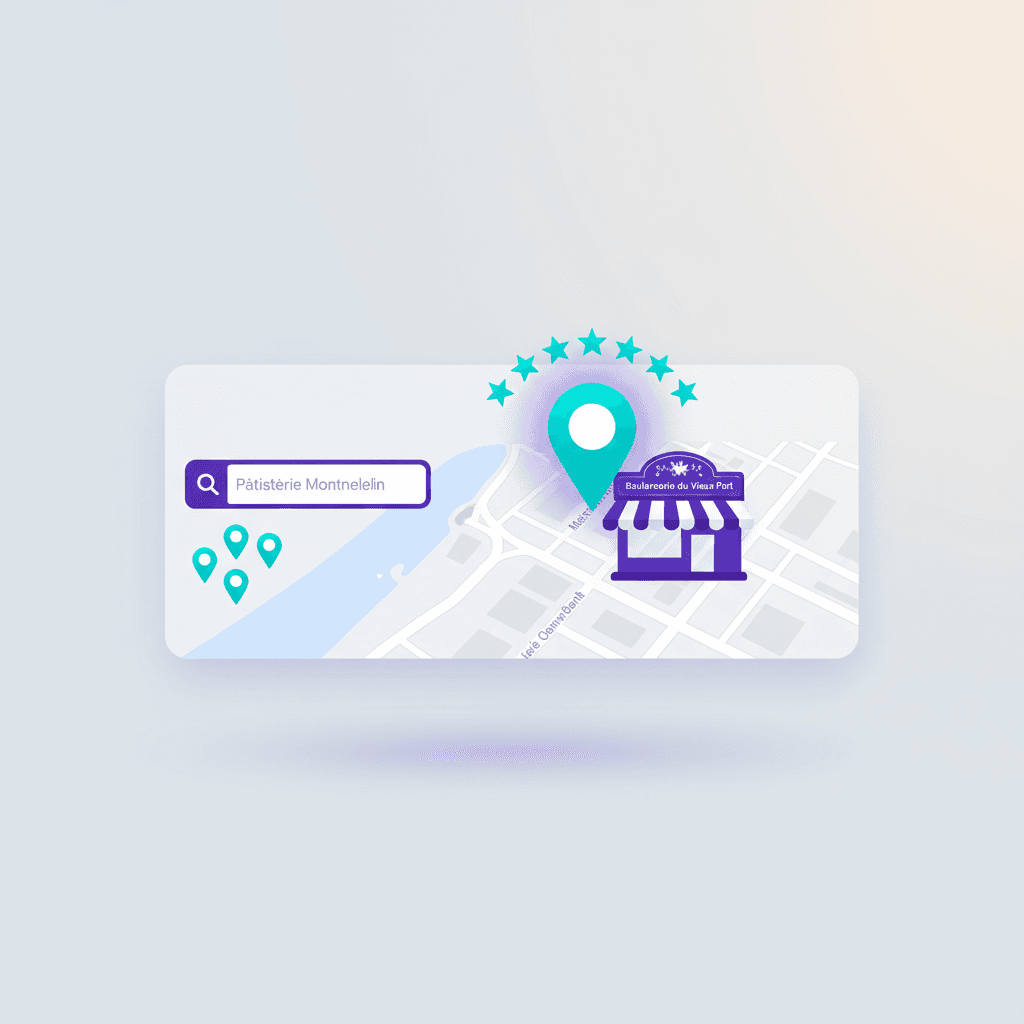 Interface Google Maps avec pin sur PME locale, etoiles 5/5 et recherche locale (palette violet et cyan)