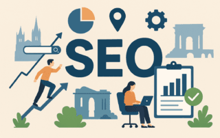 Illustration flat design du référencement SEO d'un site à Montpellier avec graphiques de positionnement, palette violet et cyan CyberyWeb