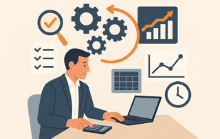 Illustration flat design de l'automatisation des processus d'une entreprise avec outils et workflows connectés, palette violet et cyan CyberyWeb