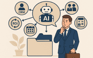 Illustration flat design d'une PME comparant plusieurs agences d'automatisation IA pour choisir son partenaire, palette violet et cyan CyberyWeb