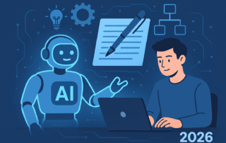 Illustration flat design d'un rédacteur assisté par intelligence artificielle générant du contenu professionnel, palette violet et cyan CyberyWeb
