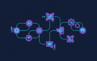 Illustration flat design d'un workflow d'automatisation IA avec noeuds connectés et robots de process pour PME, style n8n, palette violet et cyan CyberyWeb