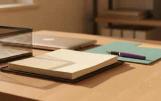 Bureau d'une petite entreprise au petit matin : pile de documents dans une corbeille de classement, chemise cartonnée turquoise et stylo, lumière naturelle rasante