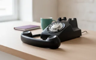 Téléphone de bureau posé sur le comptoir d'accueil clair d'une PME, combiné décroché, lumière du jour douce